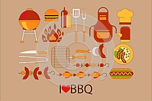 Barbecue design elements. Grill, kitchen utensils, hamburger, hot dog, chef hat, apron, glove, bottle of ketchup and