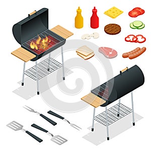 Barbecue design elements. Grill summer food. Picnic cooking device. Flat isometric illustration. Family weekend. BBQ is