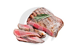 Barbecue dry aged wagyu Flank Steak on a cutting board. Isolated, white background.