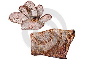Barbecue dry aged wagyu Tri Tip beef steak on a plate with pink salt. Isolated, white background.