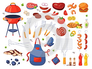 Barbecue elements. Cartoon roasted meat and vegetables, bbq picnic party, ingredients for outdoor cooking, grill, sauces