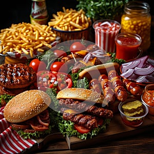 Barbecue feast Variety of fast food, juicy burgers, hotdogs