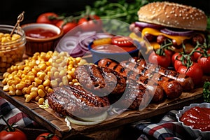 Barbecue feast Variety of fast food, juicy burgers, hotdogs