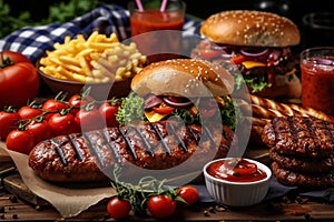 Barbecue feast Variety of fast food, juicy burgers, hotdogs
