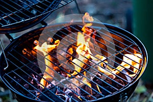 Barbecue fire with round grill. Food preparing concept with bbq fire on grill.