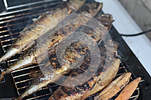 Barbecue with fish. Grilled mackerel fish.