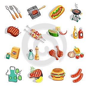 Barbecue Food Accessories Flat Icons Set