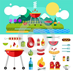 Barbecue and Food Outdoor. Vector Objects set
