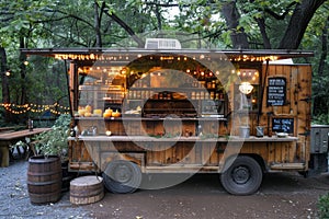 A barbecue food truck parked amongst trees and greenery in a secluded woodland setting, A barbecue food truck with rustic, woodsy photo