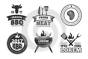 Barbecue, grill, bbq steak house restaurant vintage vector labels, badges, logos and emblems