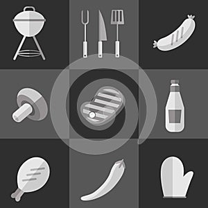 Barbecue grill black and white icons set