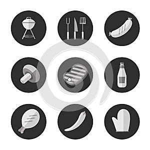 Barbecue grill black and white round icons set