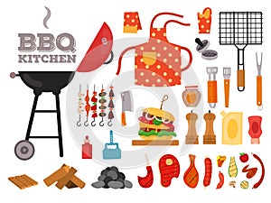 Barbecue grill cartoon elements set