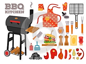 Barbecue grill cartoon elements set