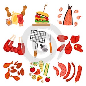 Barbecue grill cartoon elements set