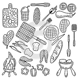 Barbecue grill collection in hand drawn doodle style. BBQ set. Vector Illustration. Barbecue party elements.