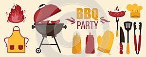 Barbecue grill elements set isolated on light background. BBQ party poster. Meat restaurant at home. Charcoal kettle with tool,