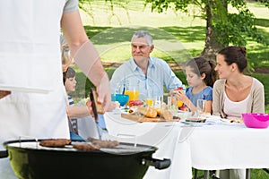 Barbecue grill with extended family having lunch in park