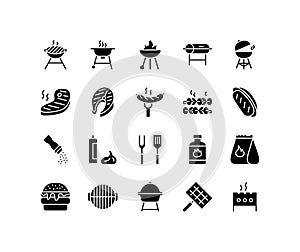 Barbecue and grill flat line icons set. Contains such Icons as BBQ, Grill, Steak, Bonfire, Gas and more. Simple flat