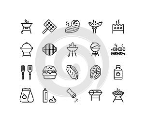 Barbecue and grill flat line icons set. Contains such Icons as BBQ, Grill, Steak, Bonfire, Gas and more. Simple flat