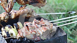 Barbecue on the grill. Fried meat and vegetables are visible on skewers. Smoke emanates from the coals. The cook adjusts the