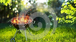 Barbecue Grill In Garden with Fire Flame