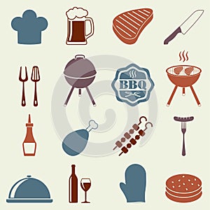 Barbecue grill icon set isolated on white background. BBQ symbols. Colorful vector illustration.