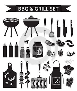 Barbecue and grill icons set, black silhouette, outline style. BBQ collection of objects, elements of design, logo