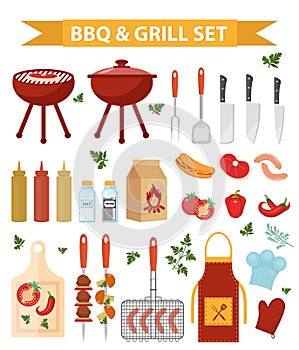 Barbecue and grill icons set, flat or cartoon style. BBQ collection of objects, elements of design. Isolated on white