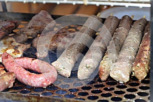 Barbecue grill with kafta, sausages and pork photo