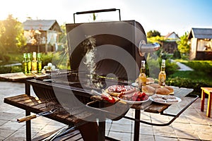 Barbecue grill party. Tasty food on wooden desk.