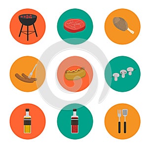 Barbecue grill round icons set
