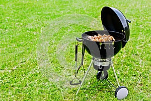 Barbecue, grill, round stands on the grass, roasts meat