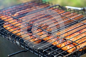 Barbecue grill sausages close up.