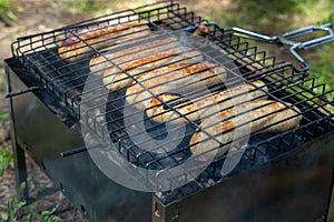 Barbecue grill sausages close up.