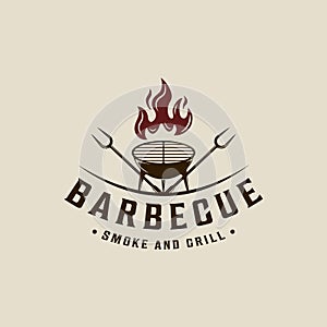 Barbecue Grill Silhouette logo vector vintage illustration template icon graphic design. BBQ steak house with flame and fork sign