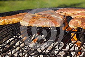 Barbecue Grill Steaks, Grilled meat on the Flamed BBQ. photo