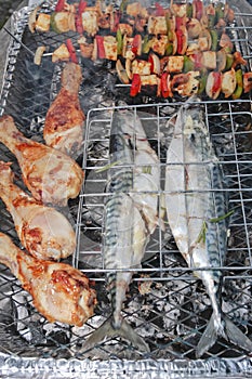 Barbecue grill with stuffed fish and meat