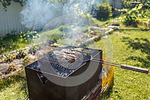 Barbecue on the grill on a sunny day/meat skewered on a skewer to grill on a grill on a sunny day