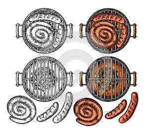 Barbecue grill top view with charcoal and sausage