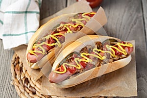 Barbecue Grilled Hot Dog with Yellow Mustard and ketchup