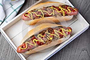 Barbecue Grilled Hot Dog with Yellow Mustard and ketchup