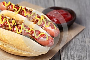 Barbecue Grilled Hot Dog with Yellow Mustard and ketchup