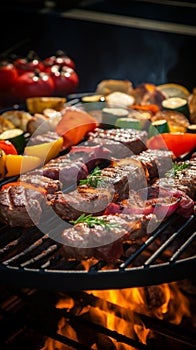 Barbecue grilling outdoors, closeup of delicious meat and vegetables