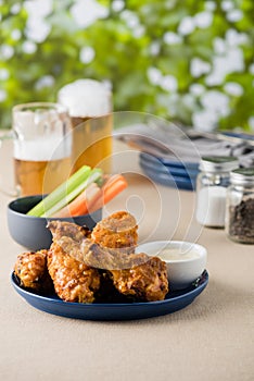 Barbecue hot chicken wings with beers at pub garden