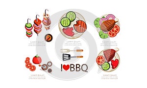 Barbecue icons set, grilled food menu design elements flat vector Illustration on a white background