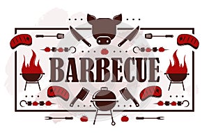 Barbecue icons on typography poster, vector illustration. Grill party invitation, bbq cookout event announcement