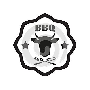 Barbecue label or BBQ stamp with beef emblem isolated on white background. Grill menu design template. Vector illustration