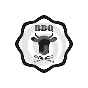 Barbecue label or BBQ stamp with beef emblem isolated on white background. Grill menu design template. Vector illustration
