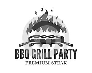 Barbecue logo with steaks on fire on grill isolated on white background